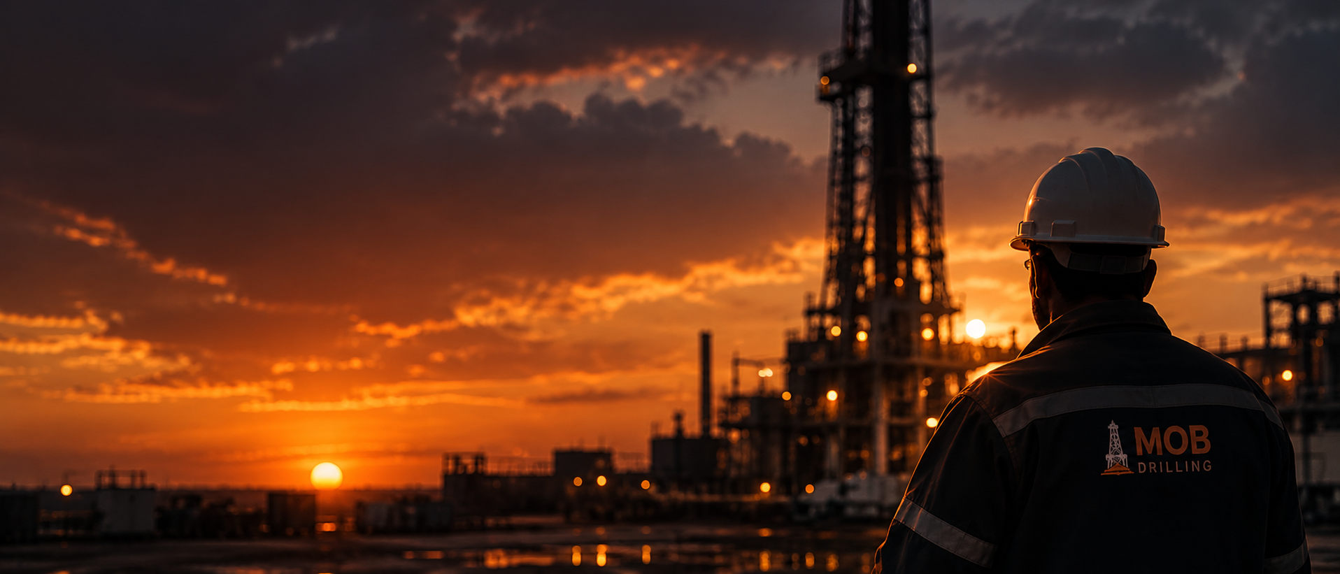 MOB Drilling engineer overlooking a rig at sunset